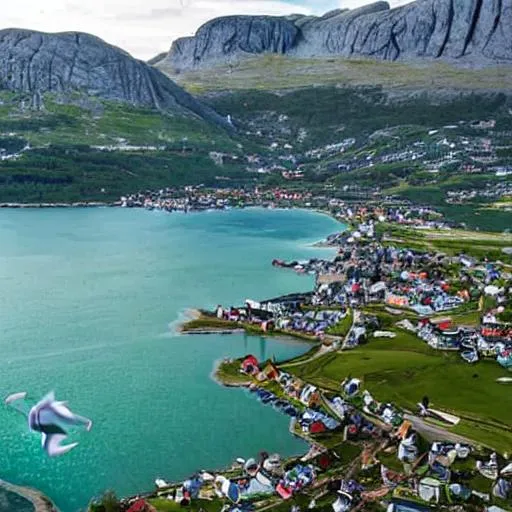 Prompt: A quaint seaside town in Norway in the mountains by the sea but the water is toxic green and there’s a shark in the water. 

