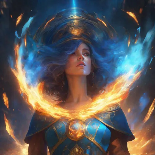 Prompt: A three-quarters portrait, an explosion of a blue fireball, crazed cleric with glowing eyes, blue sulfur fire, burning halo, dynamic pose, Stanley Lau, Artgerm, Magali Villeneuve, Alphonse Mucha, artstation, octane render, cgsociety, HDR, UHD, 64k, best quality