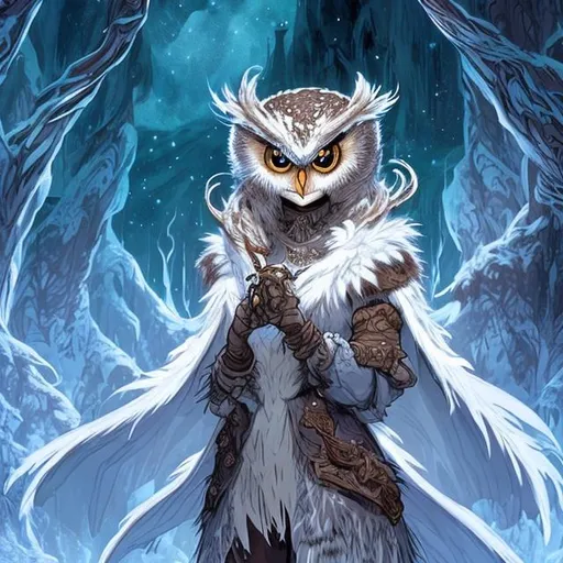 Prompt: dnd splash art of a female half owl humanoid druid of the stars, tall, elegant, white and brown feathers in an arctic forest background on a starry midnight sky