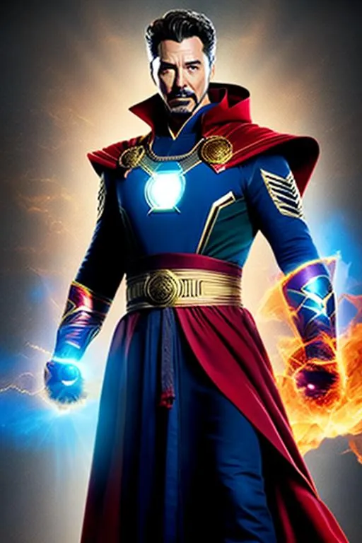 Prompt: High-resolution hyperrealistic photo of sorcerer-supreme dr strange merged with iron-man, blue, and gold armour, red cape uhd, hdr, 64k