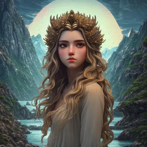 Prompt: (Masterpiece:1.1) (Highly detailed:1.1) (utra realistic), 8K UHD, lo-fi style (top quality) (depth of field) (cinematic shot), ancient goddess of olympus, mountains, riverside, instagram able, holy light background, 3D illustration, reflactions, long hair, blonde hair, dark blue eyes, fullbody view, centered.