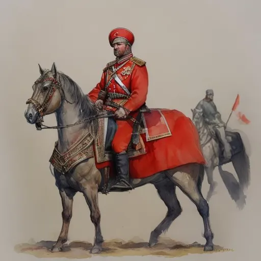 Prompt: watercolor sketch, historical costume of the Soviet Red Army, cavalryman, full-length man,