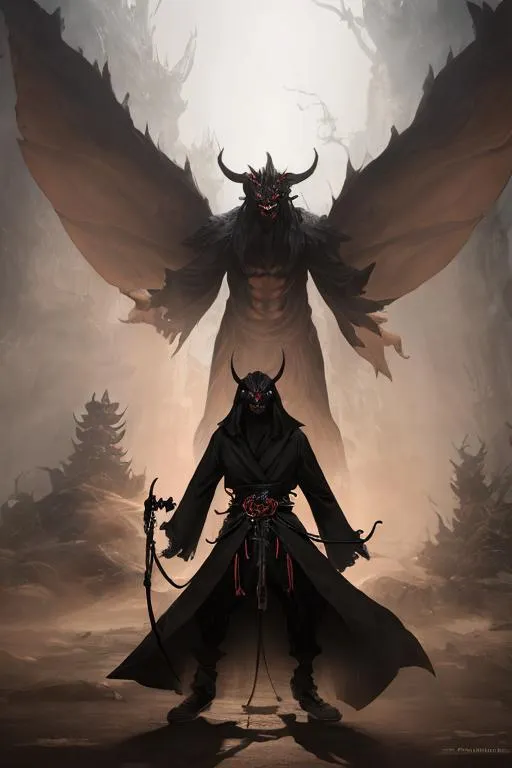 Prompt: full body, creature creation,

a fantasy shadow demon holding a black longsword, levitating in ritual pose, ominous and powerfull,

he is wearing a hyperdetailed chinesse traditional demon mask
and blak clothes 

surrounded by mist he is summoning spirits from the ground

centered ritual composition

illustration full res 4k

art by Antonio J. Manzanedo, Antoine Collignon.