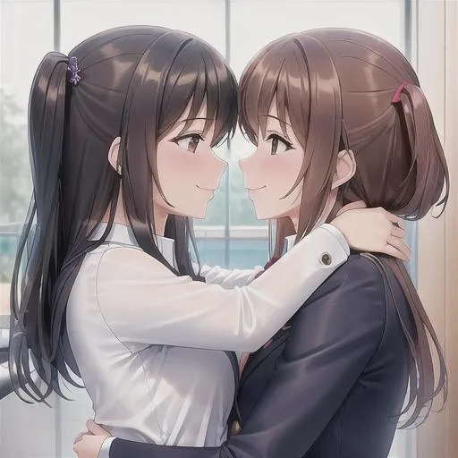 Prompt: a realistic and detailed description of the scene in which two girls hug each other and make love, two girls in bathroom, love, smile, master piece, best quality, coat, high resolution, detailed description of face