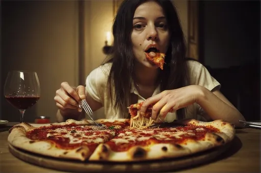 Prompt: woman eating spaghetti with fork and glass of wine at table, eating pizza, eating spaghetti, slurping spaghetti, davide sorrenti, eating a pizza, eats pasta all the time, at a dinner table, lady, about to consume you, munching pizza, fine dining, eating a pizza margherita, eating camera pov, gluttony