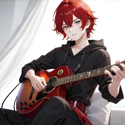 Prompt: Zerif 1boy (Red side-swept hair covering his right eye) playing a guitar UHD, 8K, highly detailed