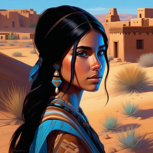 Prompt: Third person, gameplay, ancient Puebloan girl, tan skin, black hair, brown eyes, desert, Pueblo, blue atmosphere, cartoony style, extremely detailed painting by Greg Rutkowski and by Henry Justice Ford and by Steve Henderson 