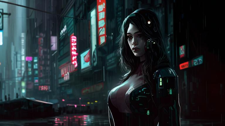 Android woman in the middle of a Rainy Cyberpunk Cit... | OpenArt