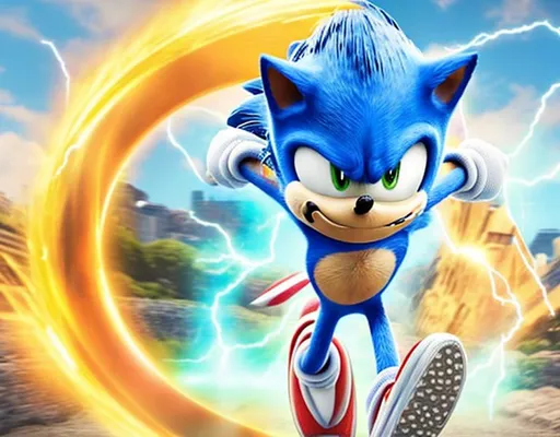 Prompt: sonic corriendo con rayos supersonicos y con el logo de la pelicula