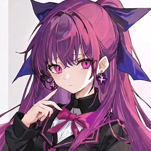 Prompt: A girl with red/purple long hair in a black school outfit with blue star-shaped earrings with pink eyes with a purple ribbon on her head
