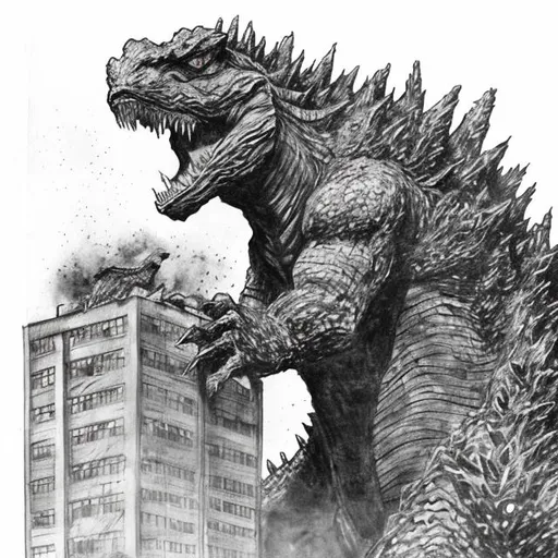 Prompt: drawing of Godzilla destroying a building