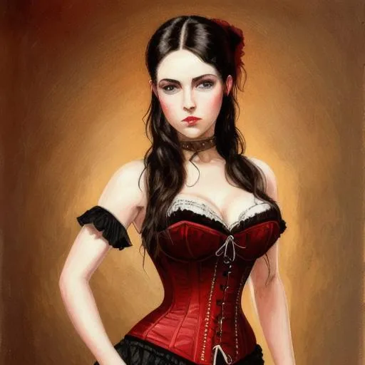 Prompt: Painting of a wild west saloon girl with dark hair and light eyes wearing a red corset