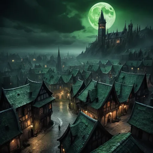 Prompt: Warhammer fantasy RPG style town under a dark, various size buildings, various buildings, ominous moon, eerie green aura glowing, gothic architecture, medieval setting, detailed and foreboding atmosphere, high contrast, surreal lighting, fantasy, RPG, gothic, medieval, detailed buildings, huge moon, eerie green aura, dark mood, after rain, street lanterns, seen from above and distance, orange weathered roof tiles