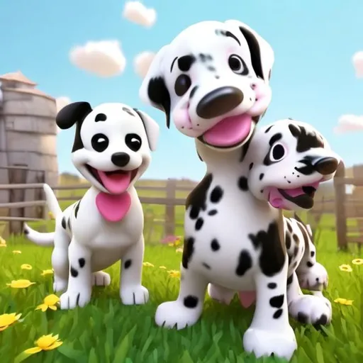Prompt: Cute black and white puppy next to a cute Dalmatian puppy smiling on a farm, 3D disney style, sunny day, natural light