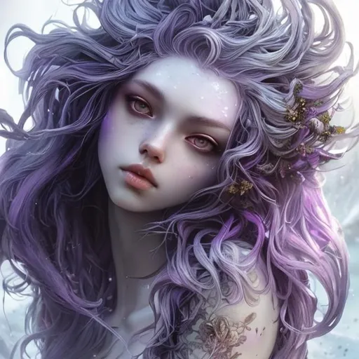 Prompt: ( DarkPurple gradient hair colour, messy), a beautiful, goddess (white gradient hair colour, messy),  crown, landscape, detailed, floral, fantasy, landscape, floral, goddess, soft, pretty visuals, aestheticfull body and face focus, intricate details, exceptional detail, fantasy, ethereal lighting, hyper sharp, sharp focus, photorealistic portrait, detailed face, highly detailed, realistic, hyper-realistic, colourful, unreal engine, Ultra realistic large chest, athletic body, Highly detailed photo-realistic digital artwork. High definition.  Biggals, beautiful face, beautiful body, beautiful eyes, beautiful hair, smooth textures, is a digital painting with vibrant colours and exceptional detail, created using 3DS Max, AppGameKit, and Behance HD, sketch.. In a greek goddess style




