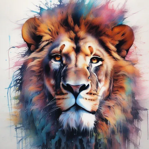 Prompt: wet on wet, breathtaking beauty, bright watercolour, melting, bold, vibrant, neon, comprehensive cinematic, Carne Griffiths, pastel colour, beautiful lion, award winning, fantastical, intricate detail, splash screen,  complementary colours, fantasy concept art, 8k.
