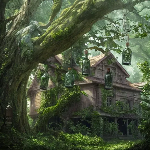 Prompt: highly detailed, abandoned house with ivy climning up trees, bottles hanging in strings from branches, sigil carvings in trees, art, concept art, 