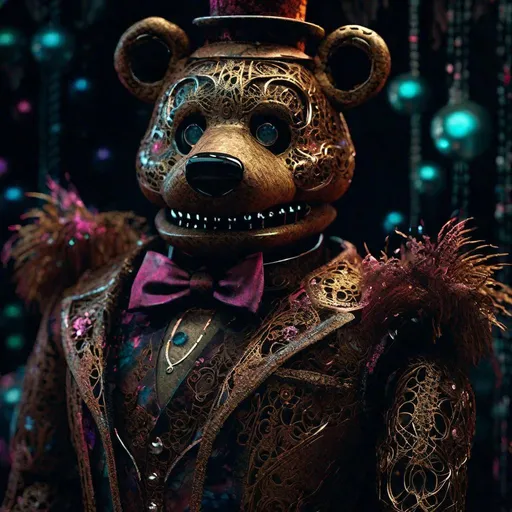 Prompt: Animatronic, freddy fazzbear, five nights at freddy's: highly detailed : nacreous filigree : intricate motifs : : by Android jones : Januz Miralles : Hikari Shimoda : by W. Zelmer : perfect composition : digital painting : artstation : smooth : sharp focus : sparkling particles"