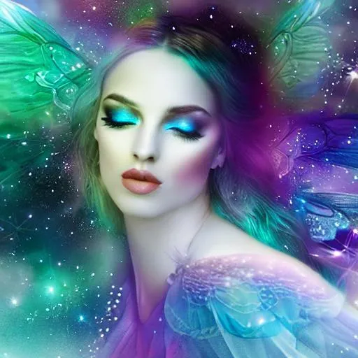 Prompt: fairy goddess, ethereal,dreamscape, cosmos, pale blue colors,closeup