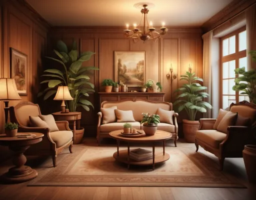 Prompt: (vintage style), living room setting, warm wooden furniture, (cozy ambiance), comfortable chairs, soft lighting, inviting atmosphere, delicate textures, potted plants in the background, warm earth tones, elegant decor elements, detailed furnishings, ultra-detailed, HD.