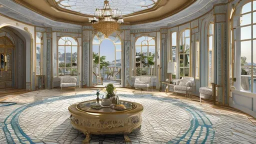 Prompt: a palace house interior inspired on modern yatch with marine walls with arch windows that look to a meadow at  cloudy sunrise and rounded white and marine blue checkerboard floors 