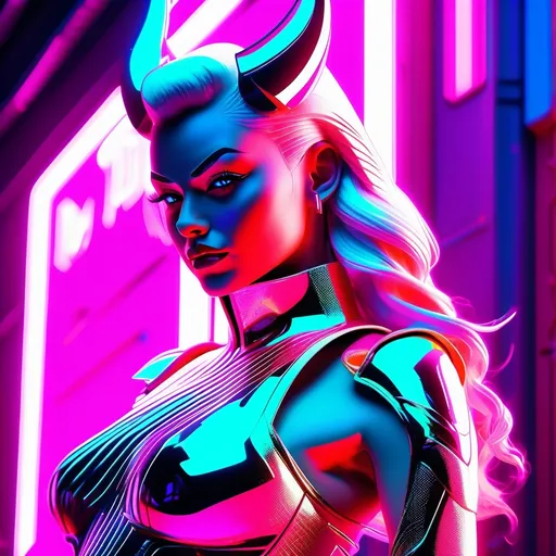 Prompt: a beautiful female demon in a dynamic pose in a retro futuristic synthwave cyberpunk neon paradise.  neon lighting, high quality, beautiful, synthwave, cyber, retro, futuristic