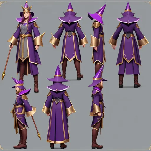 Prompt: Multiple angles of a wizard wearing purple outfit and {{Wide-brimmed pointed conical crown hat}}, kappell concept art, character sheet, trending on artstation, digital illustration, angeled side view, concept art, front view, back, view, side view