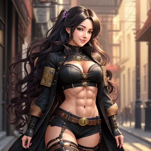 Prompt: extremely realistic, hyperdetailed, steampunk theme, extremely long black wavy hair anime girl, blushing, smiling happily, wears steampunk clothing, toned body, showing abs midriff, highly detailed face, highly detailed eyes, full body, whole body visible, full character visible, soft lighting, high definition, ultra realistic, 2D drawing, 8K, digital art