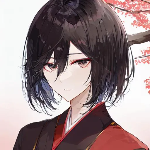 Prompt: Portrait, Japanese theme, beautiful feminine looking man, short black hair, black eyes