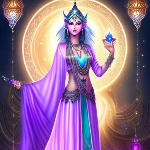 Prompt: djinn, monk, glowing tattoos, lilac hair, (metallic  hair), plain white robes, female, illustration, portrait, (athletic body), (tan skin), (long legs)