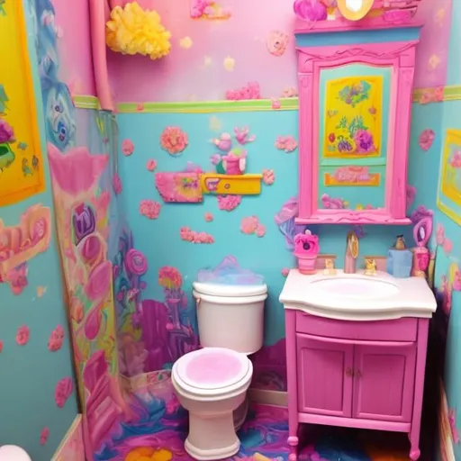 Prompt: Dollhouse bathroom inspired by Lisa frank