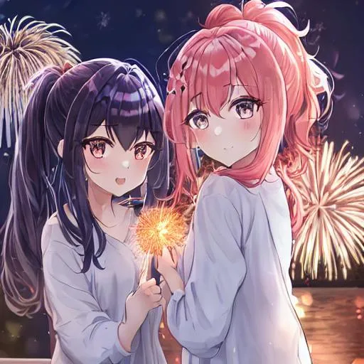 Prompt:  2 girl with      messy  ponytails hair,  eyes, and    magic protruding teeth, wearing at night looking at fireworks
  pretty  2025  in revaling clothes
  perfect lighting feminie features perfect  cute perfect face  girl sparkles    cute shading  cute  hair up furturistic   2025  playing ir perfect shading  