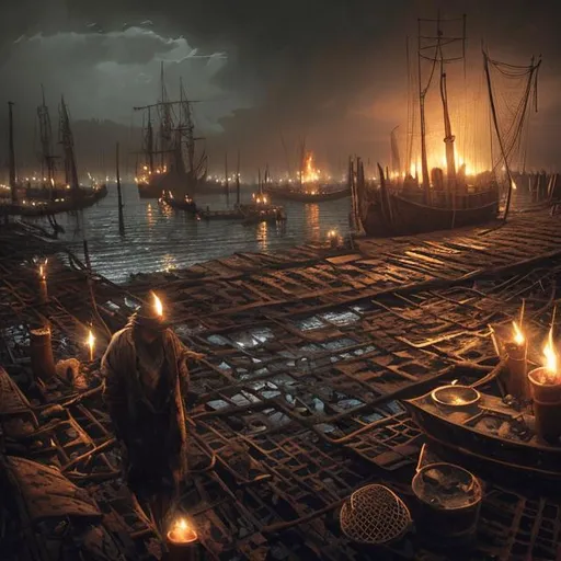 Prompt: painting of an dockyard with fishnets on a dead sea, with dark undertones and bleak sky with torches by Greg Rutkowski and Craig Mullins, Dark cold atmospheric sad and cinematic lighting. There are barrels, obstacles, fishhook and other items creating cover spaces