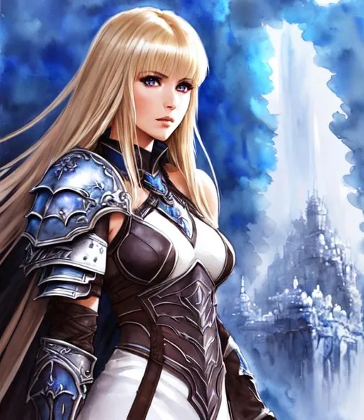 Prompt: a final fantasy watercolor concept art with ((black baby dragon in background)) on shoulder of Morgan Fairchild, brown hair, realistic face, in white Dragoon Artifact armor, parted bangs, blue eyes, ethereal, jewelry set balayage wild blonde hair, royal vibe, highly detailed, digital painting, Trending on artstation , HD quality, tan skin, Big Eyes,artgerm,by yoshitaka amano