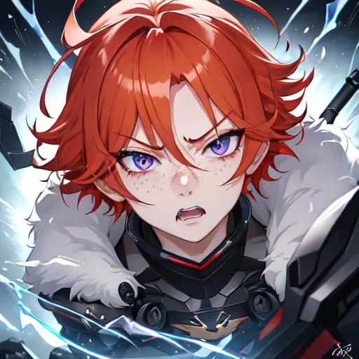 Prompt: Erikku male (short ginger hair, freckles, right eye blue left eye purple) UHD, 8K, Highly detailed, insane detail, best quality, high quality, angry, stern look, full body