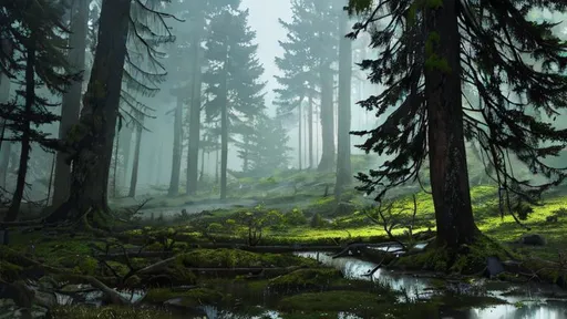 Prompt: pine forest with fog, fallen tree, moss, pond, photorealistic