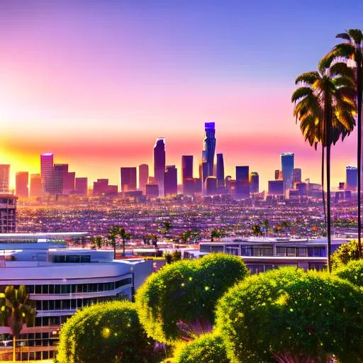 Prompt: Medium shot super detailed lifelike illustration, intricately detailed, rays of sunlight beautiful morning   skies detailed  view of lax dtla with palm trees in Los Angeles ca pink aesthetics 
masterpiece photoghrafic real digatal ultra realistic hyperdetailed 

iridescent reflection, cinematic light, movie 
 Lots of green bushes beautiful roses 

volumetric lighting maximalist photo illustration 4k, resolution high res intricately detailed complex,

soft focus, realistic, heroic fantasy art, clean art, professional, colorful, rich deep color, concept art, CGI winning award, UHD, HDR, 8K, RPG, UHD render, HDR render, 3D render cinema 4D