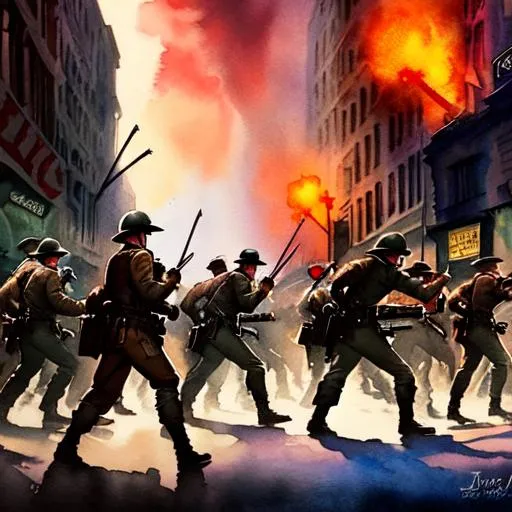 Prompt: Comic book illustration, full shot, watercolors

1920s unrests, riot, street fights, nazis fighting with communists 

Pastel colours, centered, approaching perfection, dynamic, highly detailed, watercolour painting, artstation, concept art, smooth, sharp focus, illustration, art by Julie Bell and Boris Vellejo and Luis Rojo