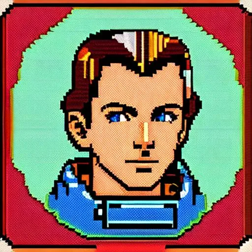 Prompt: retro digital pixelart portrait of a veteran airforce space fighter pilot for DOS SNES with dithering shading 16-bit colour depth masks raster