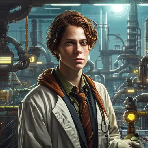 Prompt: attractive twenty -five year old  male scientist, dark auburn hair, hazel eyes, thoughtful expression, futuristic solarpunk laboratory, portrait realistic details photorealistic