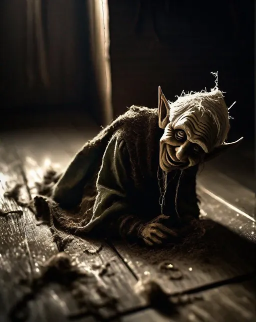 Prompt: A ((creepy)) old elf ornament lies forgotten on the dusty attic floor, its pointy face and clothes covered in dirt and cobwebs. Dramatic side lighting highlights weathered details. ((Ominous,)) unsettling, sinister holiday horror vibe.