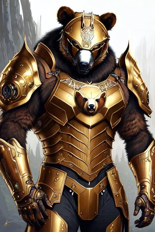 Prompt: Poster art, high-quality high-detail highly-detailed breathtaking hero ((by Aleksi Briclot and Stanley Artgerm Lau)) - ((a Bear )), 8k gold helmet, male, highly detailed Bear helmet, carbon fibre helmet, mech armor, detailed brown fur, king of the bears, detailed ivory mech suit, full body, black futuristic mech armor, wearing mech armour suit, 8k,  full form, detailed forest wilderness setting, highly detailed flame thrower, full form, epic, 8k HD, fire, sharp focus, ultra realistic clarity. Hyper realistic, Detailed face, portrait, realistic, close to perfection, more black in the armour, 
wearing blue and black cape, wearing carbon black cloak with yellow, full body, high quality cell shaded illustration, ((full body)), dynamic pose, perfect anatomy, centered, freedom, soul, Black short hair, approach to perfection, cell shading, 8k , cinematic dramatic atmosphere, watercolor painting, global illumination, detailed and intricate environment, artstation, concept art, fluid and sharp focus, volumetric lighting, cinematic lighting, 
