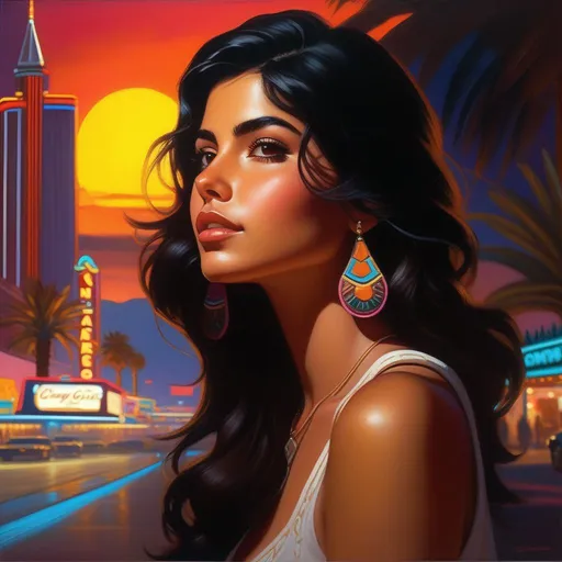 Prompt: Third person, gameplay, Mexican-American girl, olive skin, black hair, brown eyes, 1980s, Las Vegas at night, neon, hot weather, warm atmosphere, cartoony style, extremely detailed painting by Greg Rutkowski and by Henry Justice Ford and by Steve Henderson 

