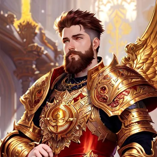 Prompt: A Hyperdetailed Human Male Paladin, glowing white eyes, golden flames surrounding, shaggy red hair, scruffy beard, golden heavy armor, golden wings, fantasy, intricate, elegant, highly detailed, digital painting, artstation, concept art, smooth, sharp focus, illustration, art by Krenz Cushart and Artem Demura and alphonse mucha
Hyperdetailed Backgraund sky
Soft lighting, studio background