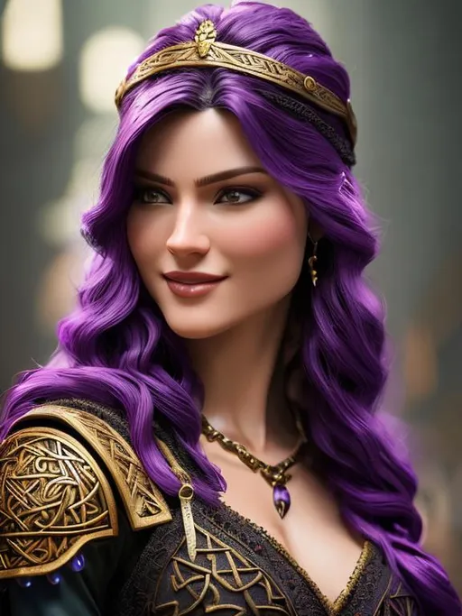 Prompt: highest quality stylized viking woman masterpiece, dark purple hair, award-winning 3d oil painting art, perfect anatomy in perfect composition, long shot, hyper-realistic photography, intricate, 64k, UHD, HDR, (intricate eyes), extraordinary lips, smile, gorgeous eyelashes, highly detailed face, hyper-realistic facial features, cinematic 3d volumetric, dramatic lighting with backlit backlight, by Julia Razumova
