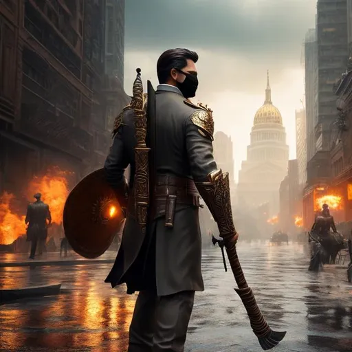 Prompt: {highly detailed, masterpiece, 4k hdr}. a Man wearing a nice business suit, with a bronze mask covering his face. wielding a spear. wandering through a post-apocalypse city, walking in the rain,