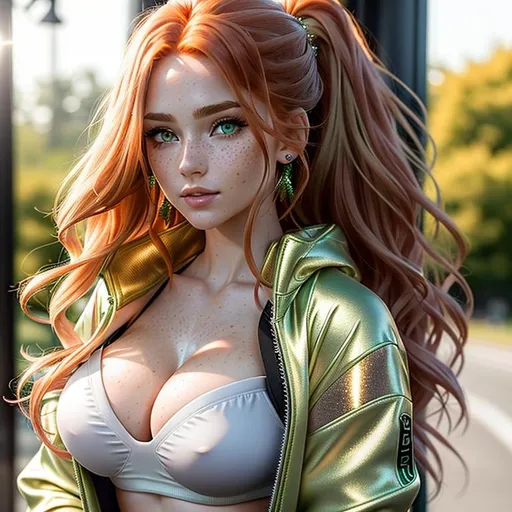 Prompt: Generate a highly detailed image of a young woman with long, flowing, redhead hair with blond gradient on the tips. She has striking green eyes adorned with subtle freckles across her cheeks. She is wearing a white strapless top that reveals her underboob (B size cup), along with an iridescent jacket. Her attire is completed with a grey streetwear cargo pant and high-top Converse shoes. 


The woman is depicted sitting on a transparent white 3D cube, creating an intriguing visual element.


The image should be of the highest professional photographic quality, boasting the best possible resolution and attention to detail. The focus should be on capturing the finest features of the woman's face, ensuring her eyes are of impeccable quality, her skin texture is flawlessly realistic, and her hair is rendered with intricate precision. The lighting should be natural, casting subtle shadows that enhance the depth and realism of the scene.


The background should be thoughtfully designed to complement the woman's style and the distinctive aesthetic of Ilya Kuvshinov's artwork. It could feature a vibrant urban environment with graffiti-covered walls, capturing the spirit of street art.

Please ensure that the image is centered, with the woman positioned prominently on the transparent cube. The composition should not only showcase her unique style and confident expression but also emphasize the intricate details of her clothing and hair. Each element should blend seamlessly to create a visually captivating and emotionally resonant piece of art.


Note: The image requirements have been specified to demand the highest possible resolution and the best quality with meticulous attention to realistic skin, hair, and background details, all while embodying the distinct style of Ilya Kuvshinov. ((photorealistic)), ((hyperrealistic))