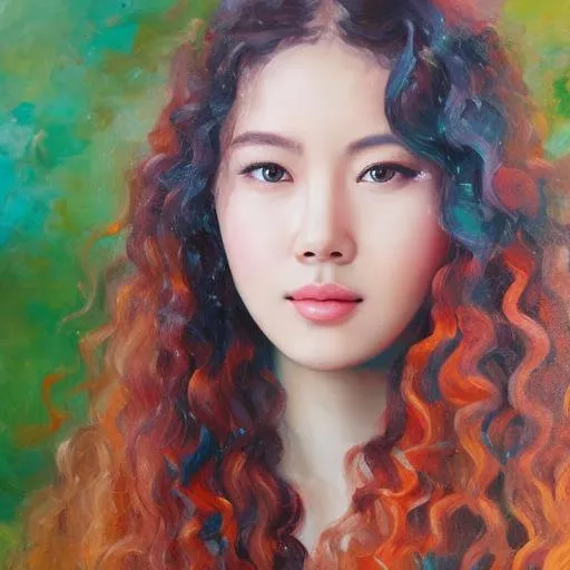 Prompt: abstract oil painting of a long curly ginger haired beautiful Korean young teen girl, half body, freckles, few paint splotches, pastel color, full body, oil painting, real painting, hdr, 4k