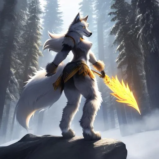 Prompt: Full-body detailed masterpiece, fantasy, high-res, quality upscaled image, perfect composition, subject of this image is a bipedal female wolf, gray fur, athletic body, 18k composition, 16k, 2D image, cell shaded, wolf, athletic torso, forest background, female chest; using renamon as the body,  wolf face features, busty chest, large fluffy tail,