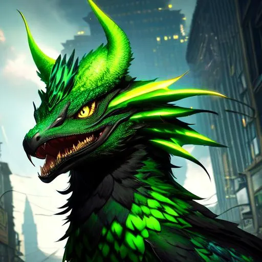 Prompt: Portrait of an anthro wyvern with striking green fur and iridescent black markings and a cute face, liminal space streets, perfect composition, hyperrealistic, super detailed, 8k, high quality, trending art, trending on artstation, sharp focus, studio photo, intricate details, highly detailed, by greg rutkowski